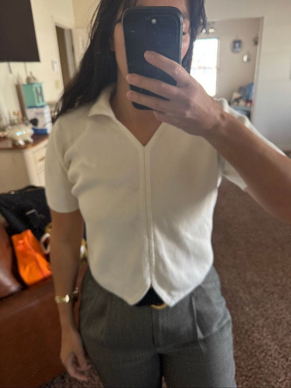 Laura Scott small white collared polo short sleeve sweater shirt tapered waist 9